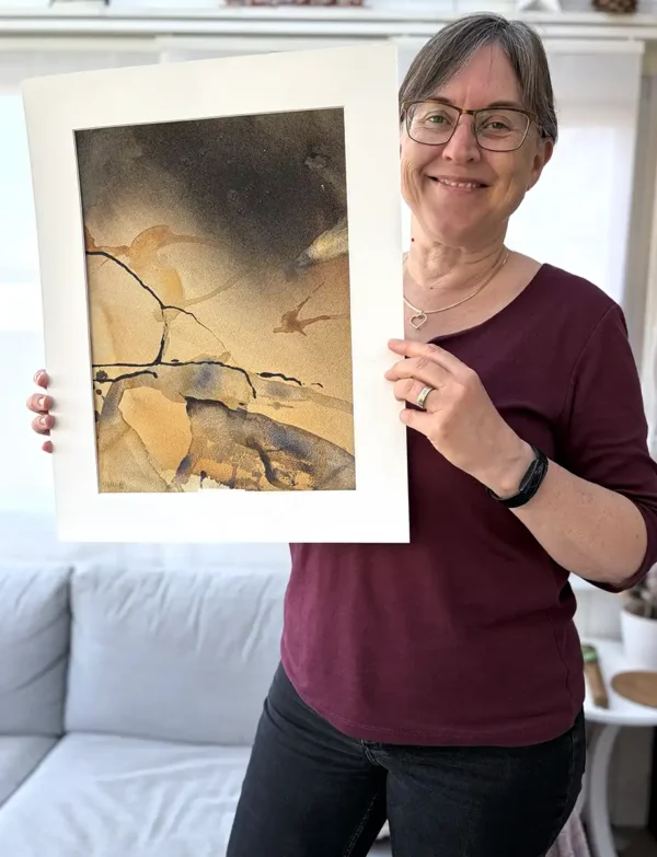 Ett foto av tavlan "Luften är levande". En akvarellmålning av konstnären Helene Engström.