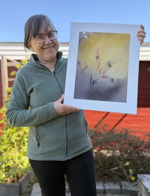 akvarelltavla-skrattande-dansar-min-stjarna-foto Ett foto av tavlan "Skrattade dansar min stjärna". En akvarell av Helene Engström.